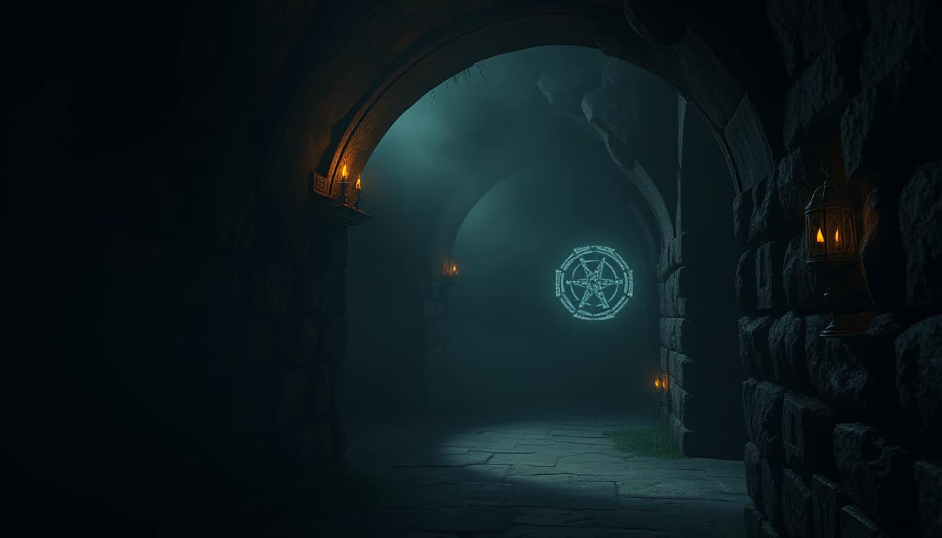 ダンジョンの石の回廊、トーチの揺らぎと霧