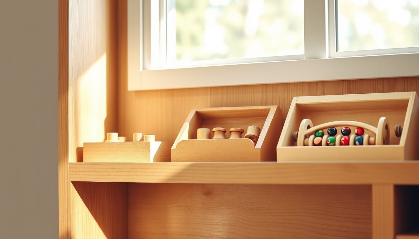 A wooden cabinet with three toy boxes - building blocks, tone bells, and a marble track