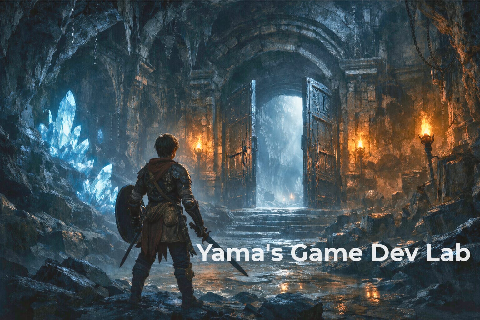 Yama's Game Dev Labのロゴ画像 や ダンジョンに挑む騎士を描いたブログのメインビジュアル